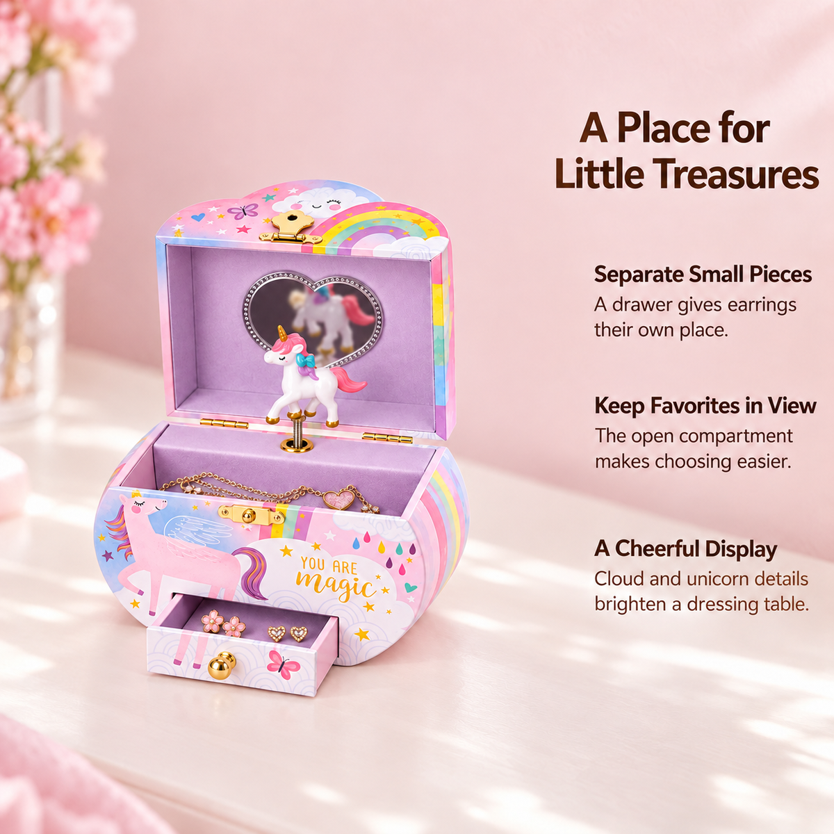 cloud shaped musical jewelry box
pink unicorn heart mirror music box
spinning unicorn single drawer
you are magic keepsake
kids birthday gift music box
