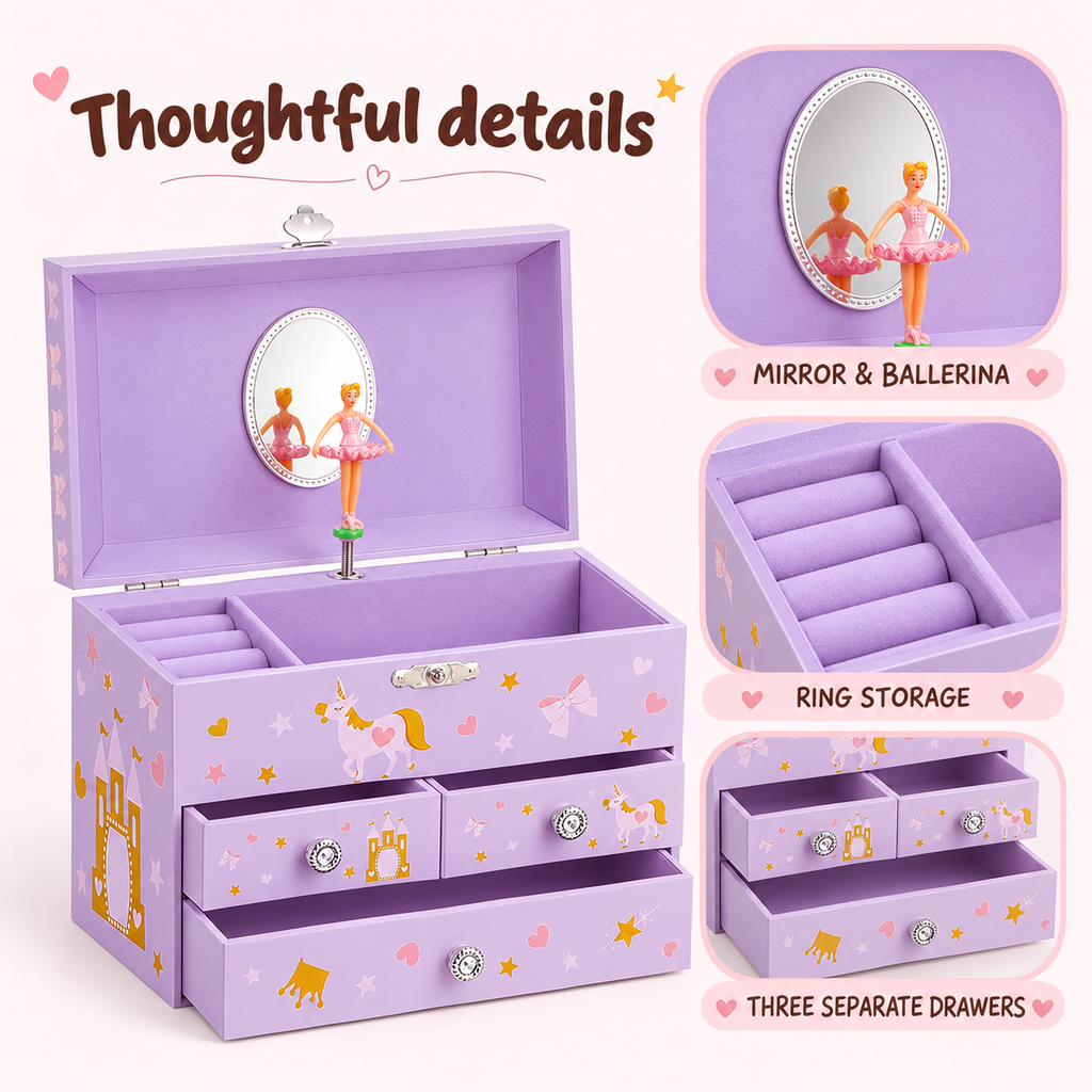 extra large 3 drawer musical jewelry box
pink unicorn girls music box
oval mirror spinning ballerina
high capacity keepsake organizer
kids birthday gift music box
