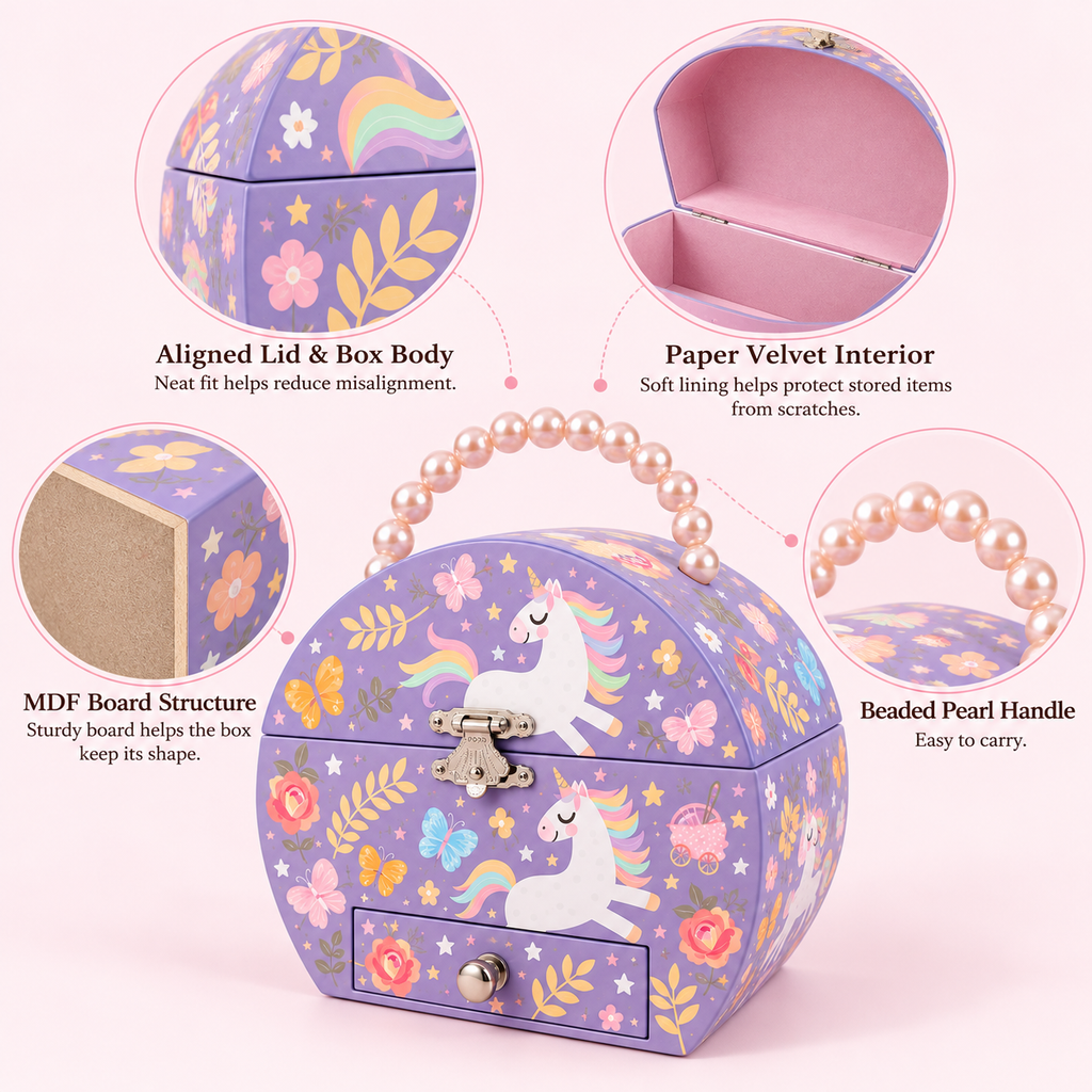 handbag shaped musical jewelry box
pearl handle unicorn music box with drawer
spinning dancer portable keepsake
purple girls jewelry case
kids birthday gift music box
