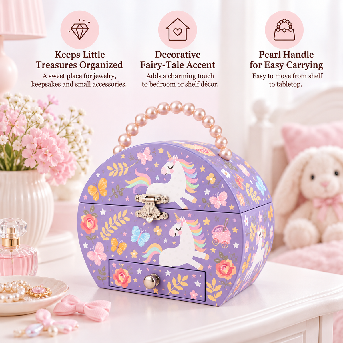 handbag shaped musical jewelry box
pearl handle unicorn music box with drawer
spinning dancer portable keepsake
purple girls jewelry case
kids birthday gift music box
