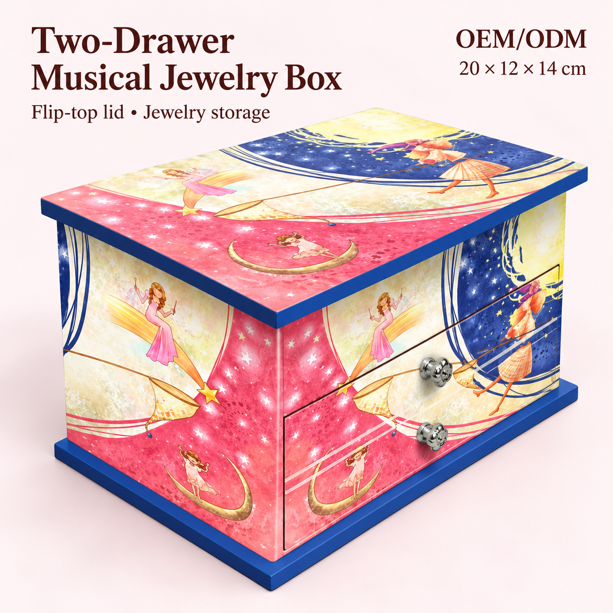 Custom Two-Drawer Fairy Musical Jewelry Box for Girls, Wooden Music Box with Flip-Top Lid, Spinning Dancer and Moon Fairy Print, Keepsake Gift