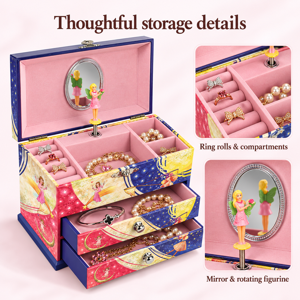 Custom Two-Drawer Fairy Musical Jewelry Box for Girls, Wooden Music Box with Flip-Top Lid, Spinning Dancer and Moon Fairy Print, Keepsake Gift