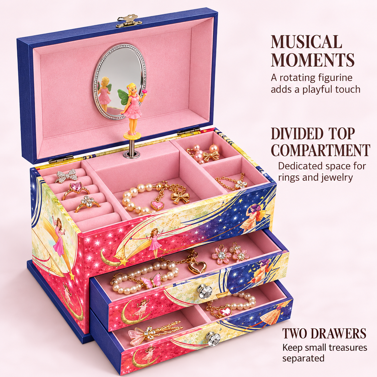 Custom Two-Drawer Fairy Musical Jewelry Box for Girls, Wooden Music Box with Flip-Top Lid, Spinning Dancer and Moon Fairy Print, Keepsake Gift