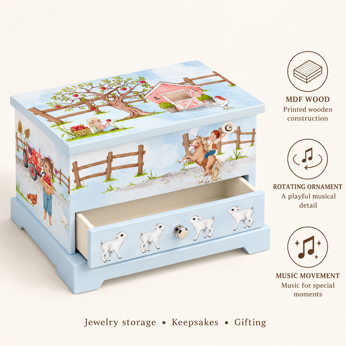 farm themed musical jewelry box for kids
light blue wooden music box
spinning dancer single drawer
boys birthday gift keepsake
wholesale music box
