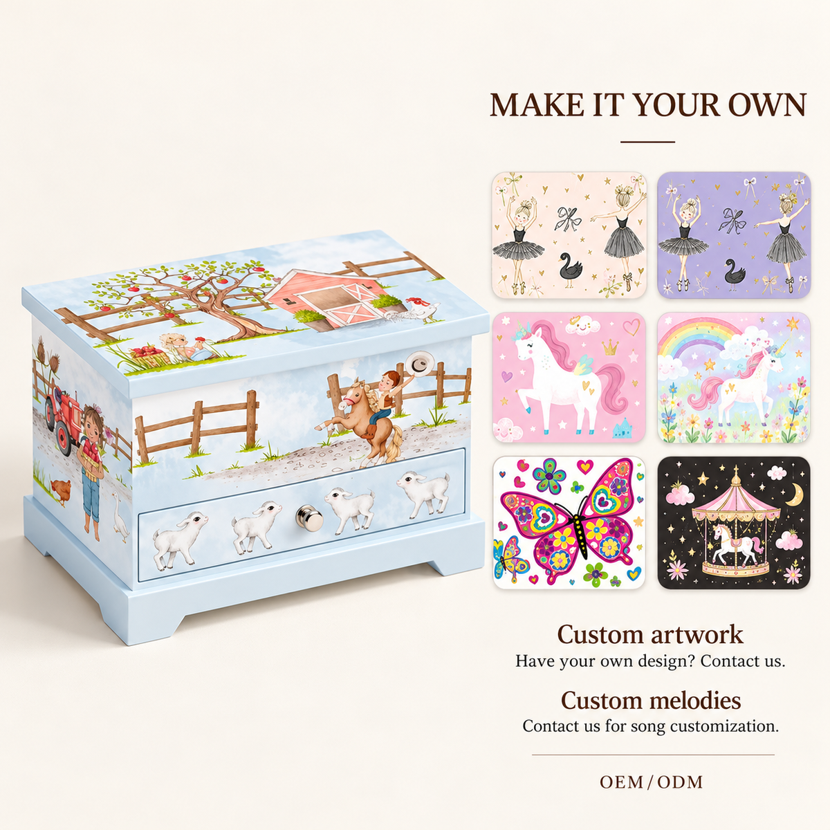 farm themed musical jewelry box for kids
light blue wooden music box
spinning dancer single drawer
boys birthday gift keepsake
wholesale music box
