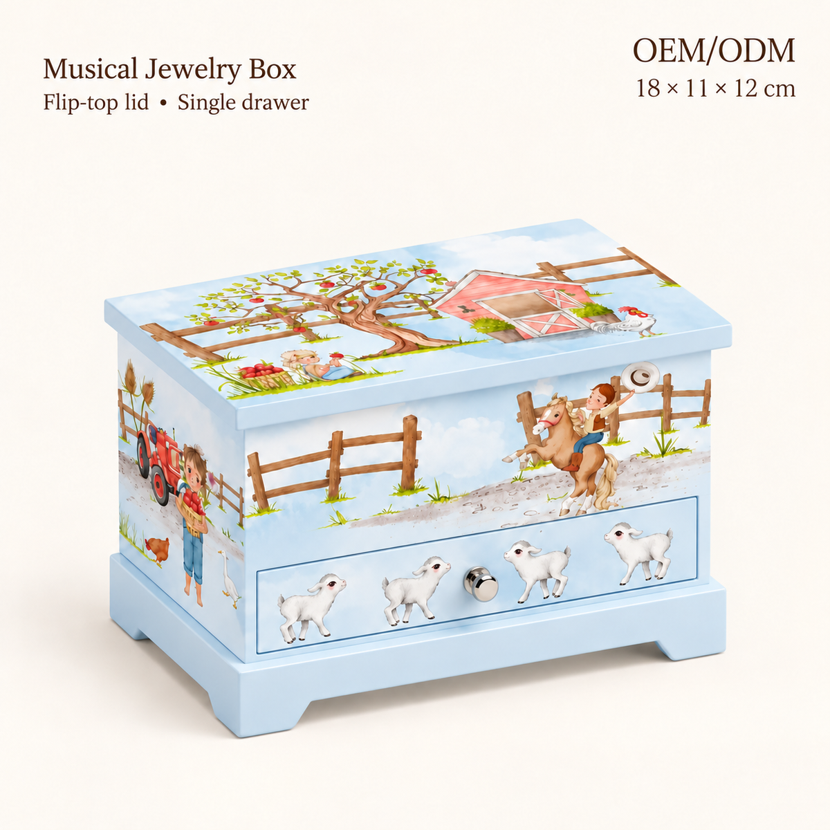 farm themed musical jewelry box for kids
light blue wooden music box
spinning dancer single drawer
boys birthday gift keepsake
wholesale music box
