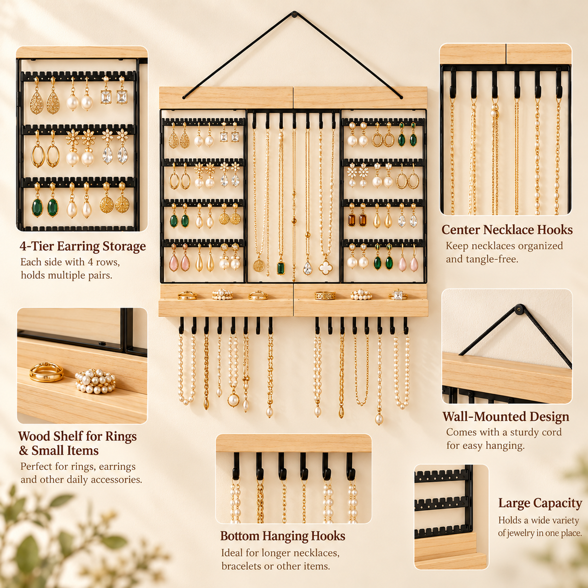 large wall mounted jewelry organizer
wooden necklace earring holder
tangle free jewelry display rack
wall closet jewelry storage
wholesale jewelry wall organizer
