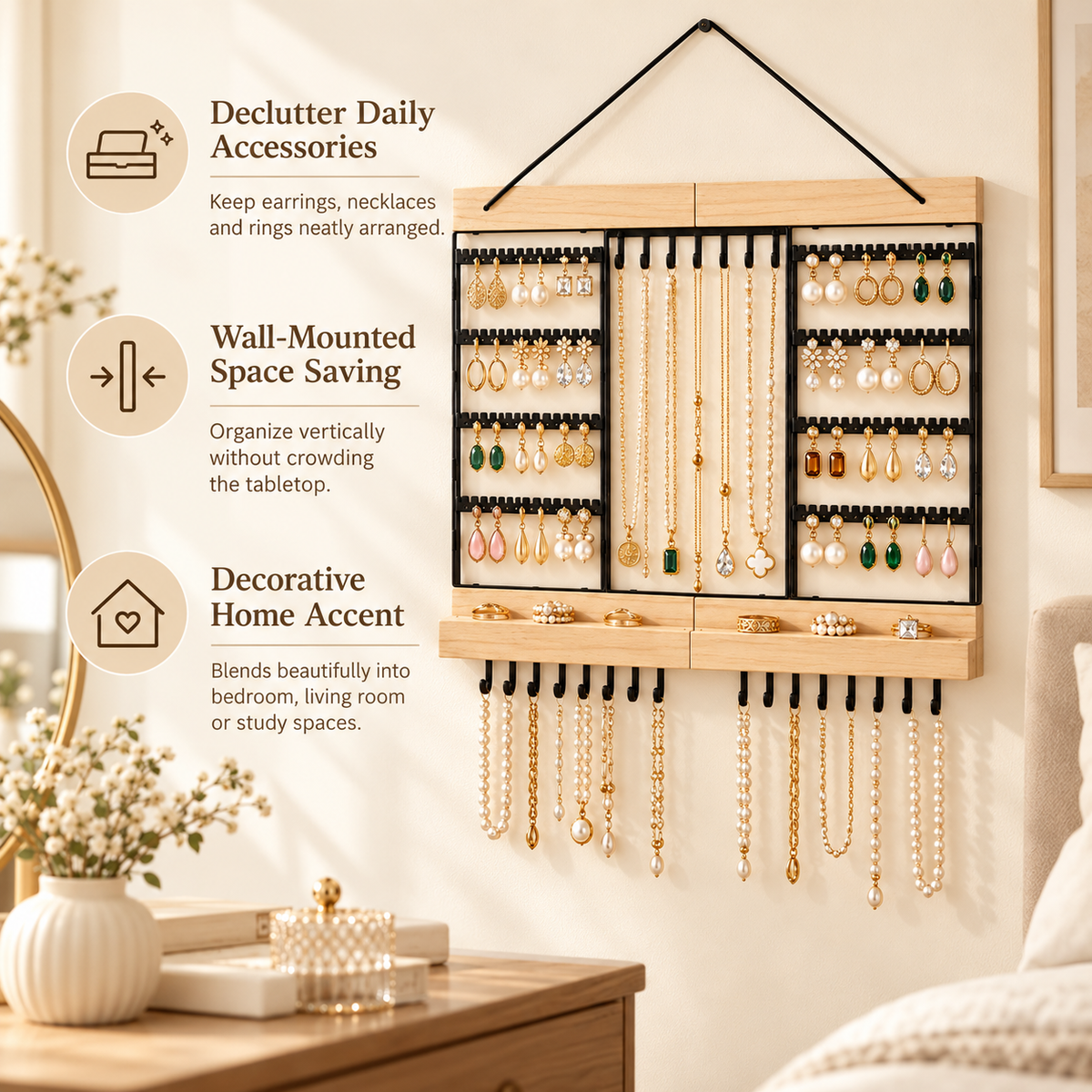 large wall mounted jewelry organizer
wooden necklace earring holder
tangle free jewelry display rack
wall closet jewelry storage
wholesale jewelry wall organizer
