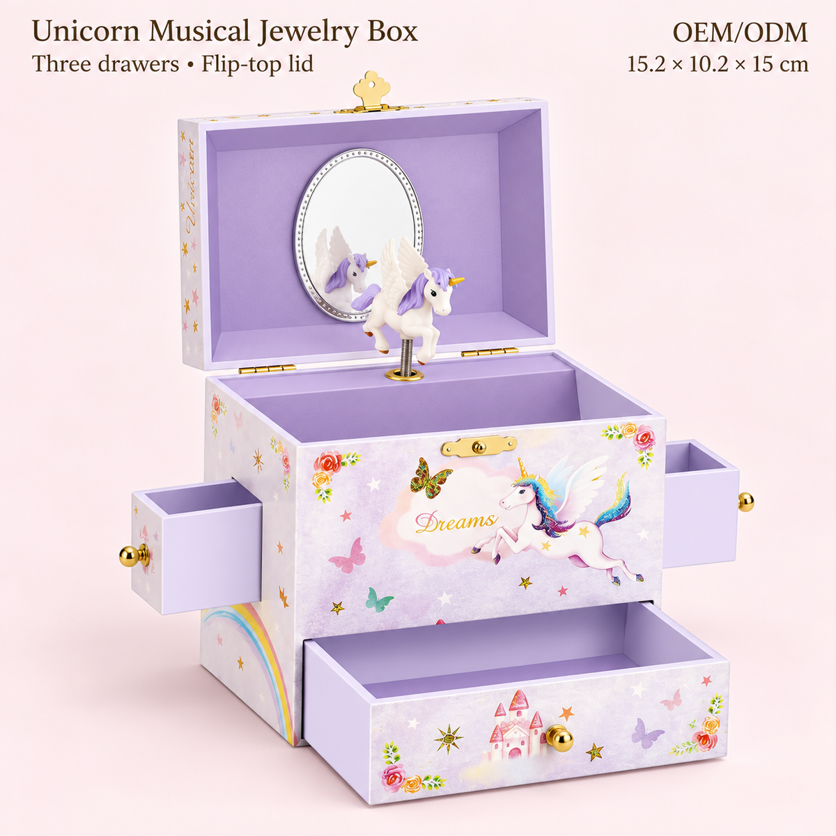 unicorn musical jewelry box for girls
3 drawer wooden music box
spinning ballerina keepsake box
flip top lid with mirror
kids birthday gift music box
