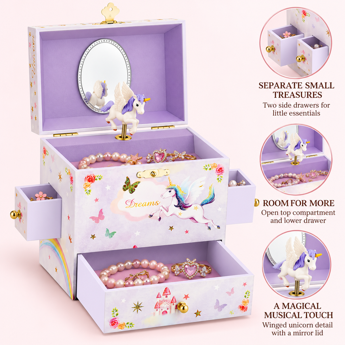 unicorn musical jewelry box for girls
3 drawer wooden music box
spinning ballerina keepsake box
flip top lid with mirror
kids birthday gift music box

