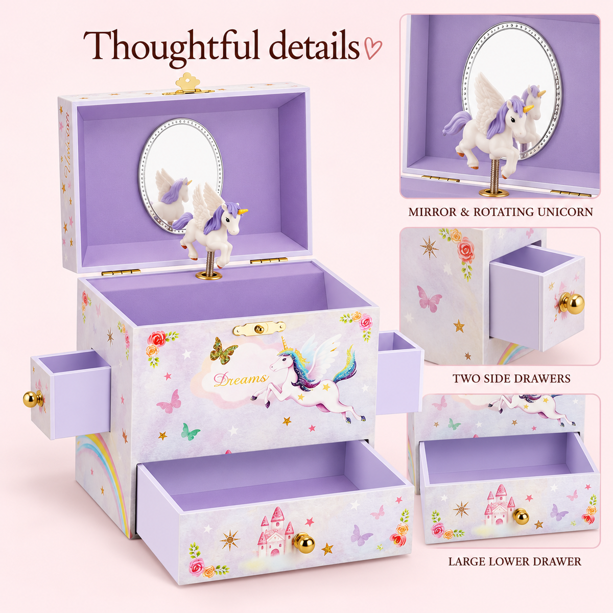 unicorn musical jewelry box for girls
3 drawer wooden music box
spinning ballerina keepsake box
flip top lid with mirror
kids birthday gift music box
