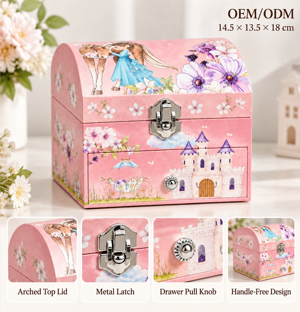 tiered arched musical jewelry box
pink princess castle music box
pony pumpkin carriage keepsake
spinning dancer single drawer
kids birthday gift music box
