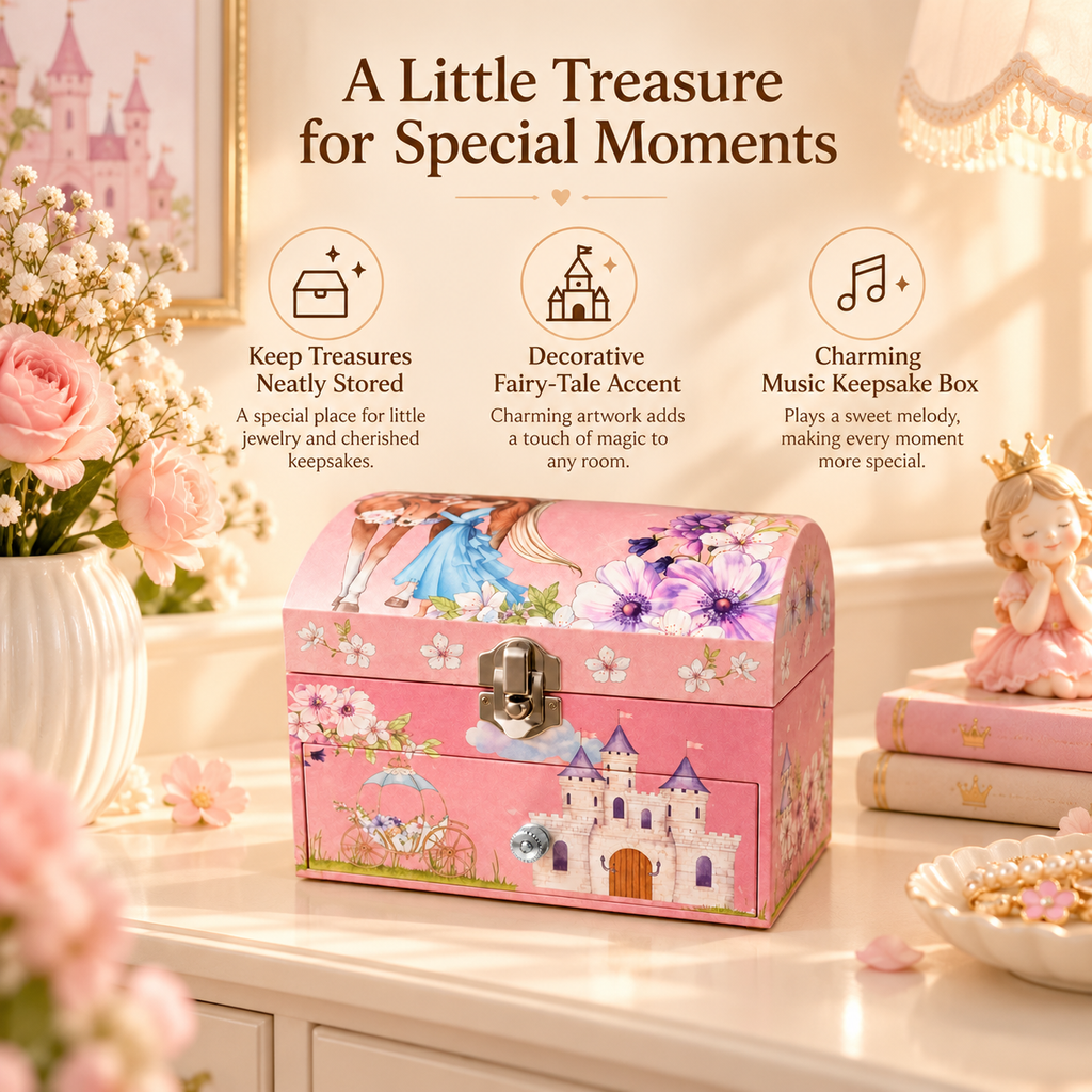 tiered arched musical jewelry box
pink princess castle music box
pony pumpkin carriage keepsake
spinning dancer single drawer
kids birthday gift music box
