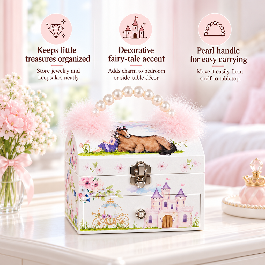 tiered arched musical jewelry box with pearl handle
pink feather girls music box
pony castle spinning dancer
portable wooden keepsake case
kids birthday gift music box
