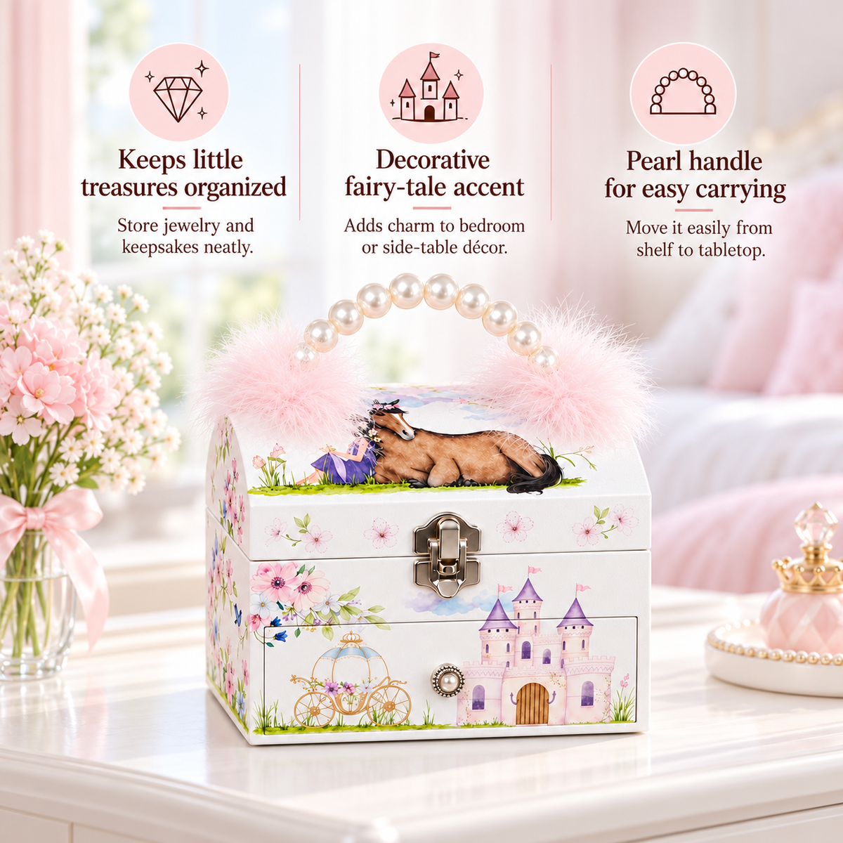 tiered arched musical jewelry box with pearl handle
pink feather girls music box
pony castle spinning dancer
portable wooden keepsake case
kids birthday gift music box
