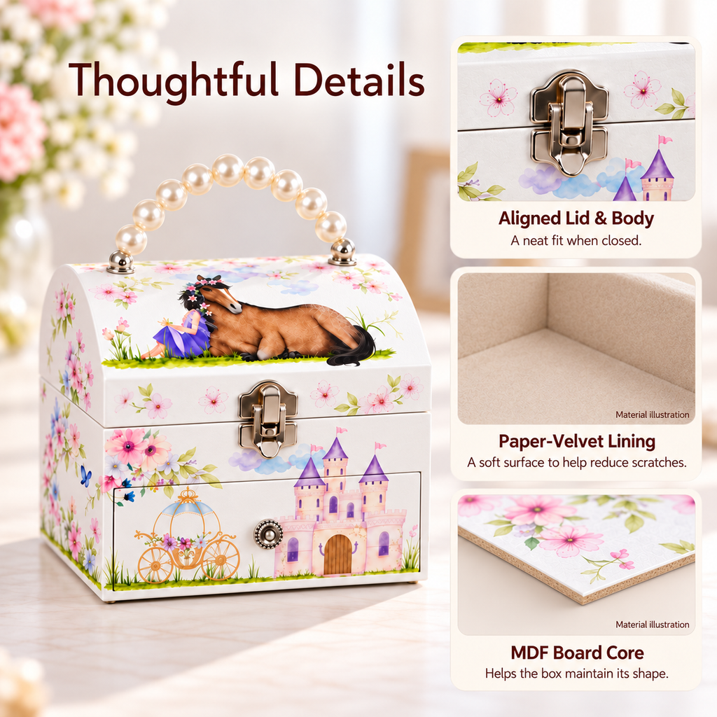 Custom Tiered Arched Musical Jewelry Box with Pearl Handle for Girls, White Wooden Music Box with Spinning Dancer and Single Drawer, Pony Castle Portable Keepsake Case