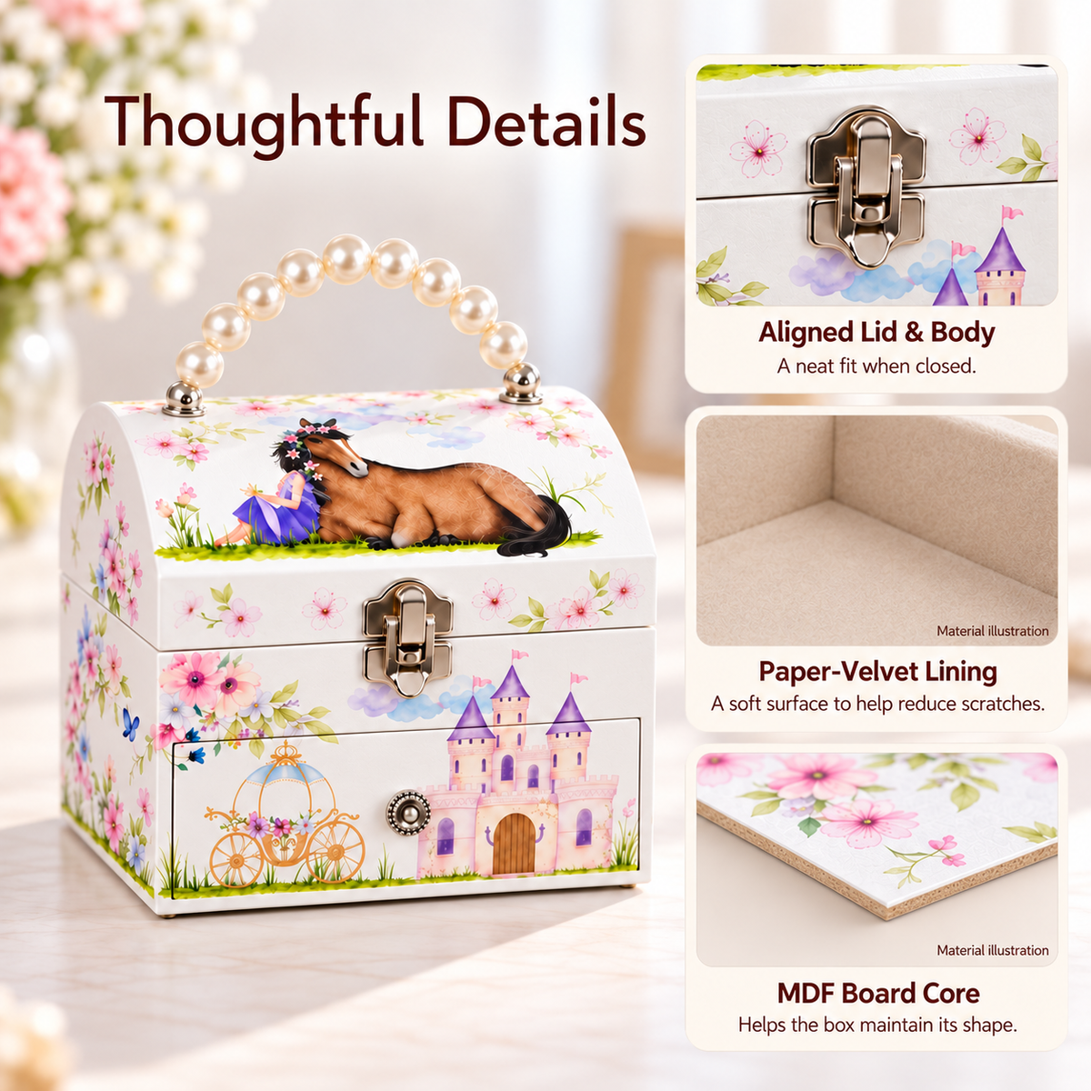 Custom Tiered Arched Musical Jewelry Box with Pearl Handle for Girls, White Wooden Music Box with Spinning Dancer and Single Drawer, Pony Castle Portable Keepsake Case