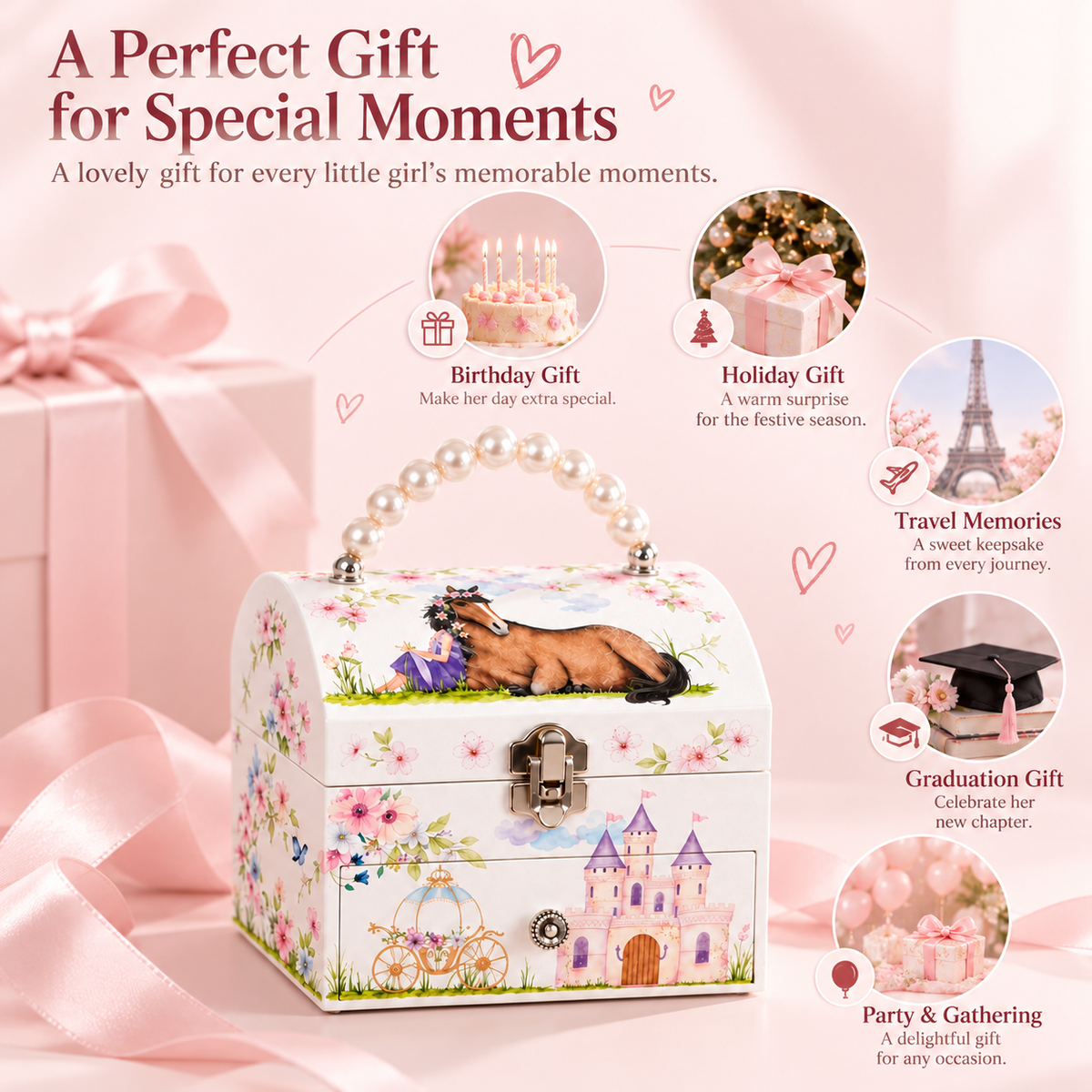 Custom Tiered Arched Musical Jewelry Box with Pearl Handle for Girls, White Wooden Music Box with Spinning Dancer and Single Drawer, Pony Castle Portable Keepsake Case