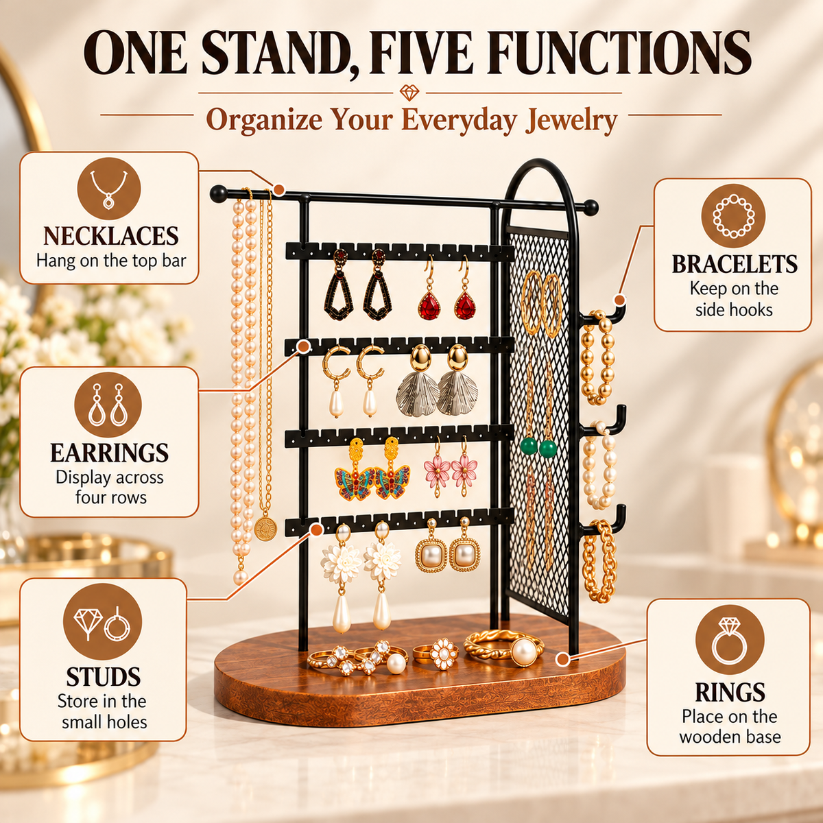5 in 1 jewelry organizer stand
metal wire mesh earring rack
necklace bracelet ring holder
detachable wood base jewelry stand
countertop vanity jewelry display
