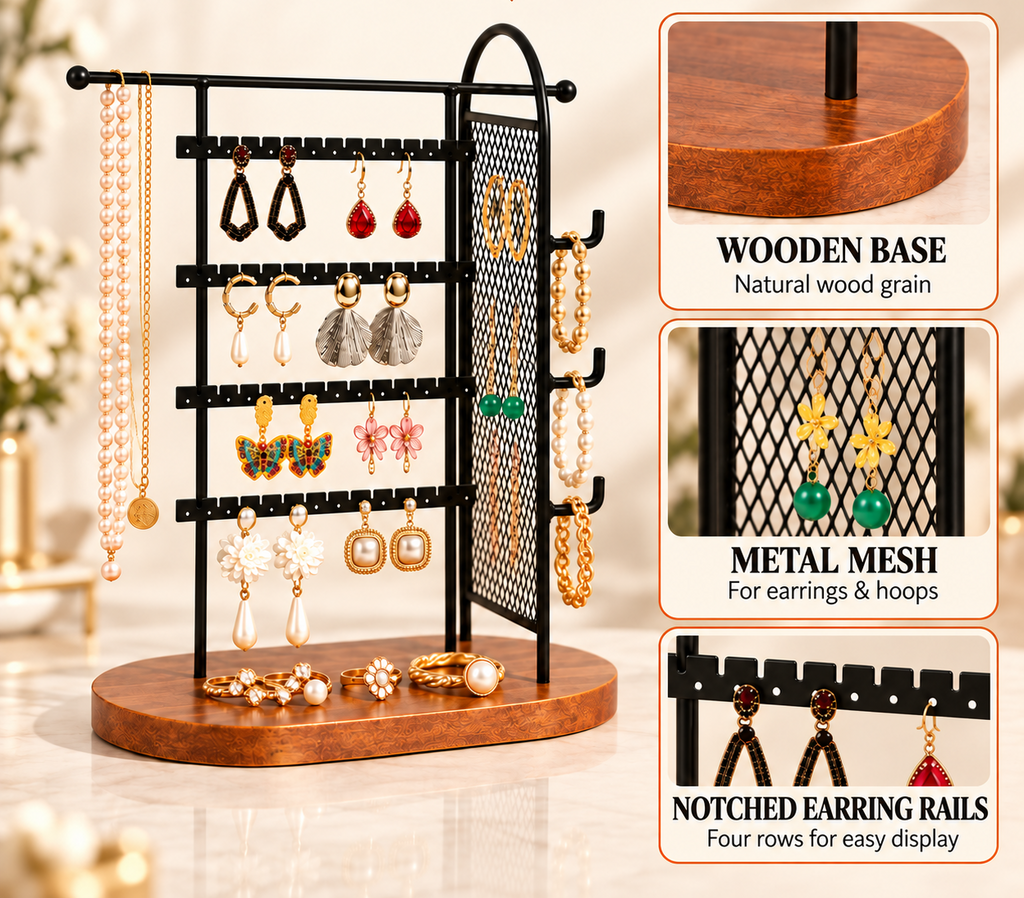 5 in 1 jewelry organizer stand
metal wire mesh earring rack
necklace bracelet ring holder
detachable wood base jewelry stand
countertop vanity jewelry display
