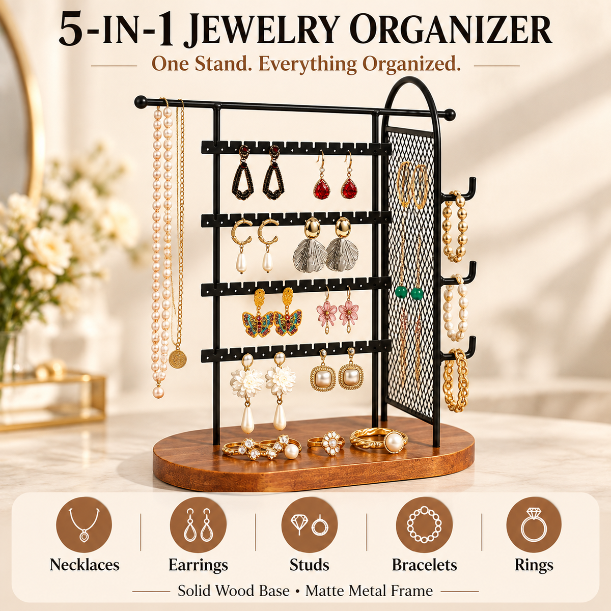 5 in 1 jewelry organizer stand
metal wire mesh earring rack
necklace bracelet ring holder
detachable wood base jewelry stand
countertop vanity jewelry display
