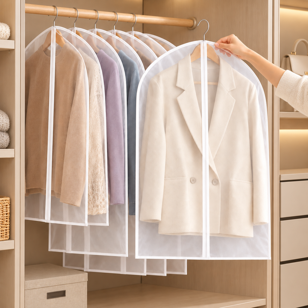 foldable plastic garment bag
clear dust proof suit cover
collapsible clothes bag
transparent wardrobe cover