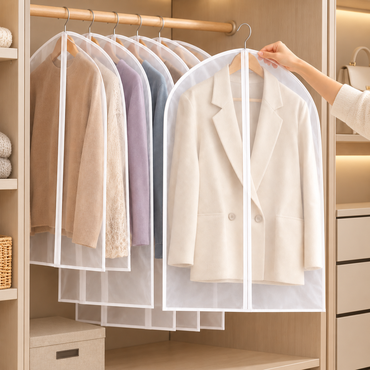 foldable plastic garment bag
clear dust proof suit cover
collapsible clothes bag
transparent wardrobe cover