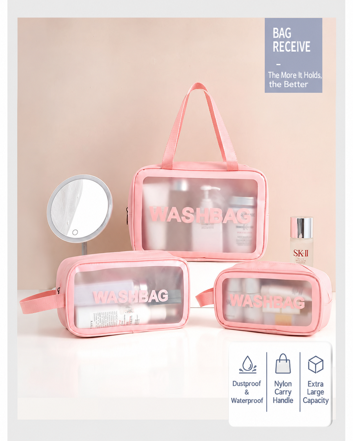 foldable small toiletry bag
white cosmetic pouch travel
folding makeup bag
portable travel pouch