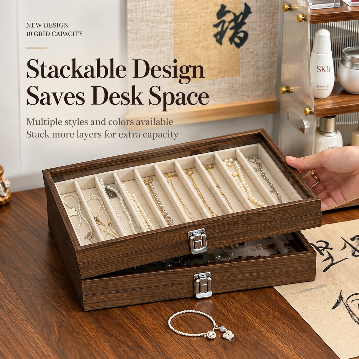 walnut 8 grid jewelry box
glass lid dustproof organizer
bead bracelet necklace storage case
heightened wood jewelry box
wholesale jewelry display case
