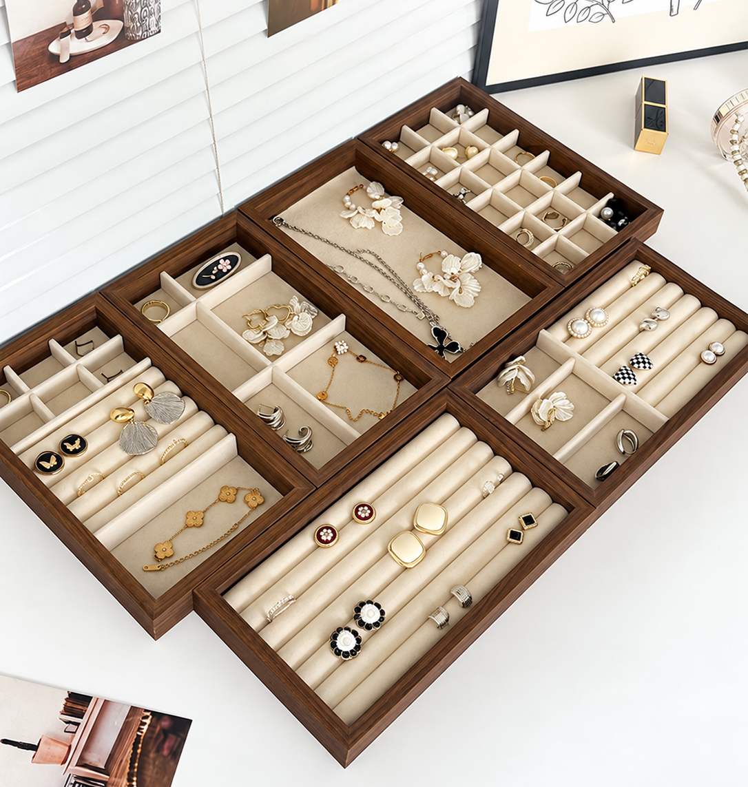 walnut wood velvet jewelry tray small
compact ring earring organizer
necklace bracelet display tray
vanity drawer jewelry storage
wholesale jewelry display tray
