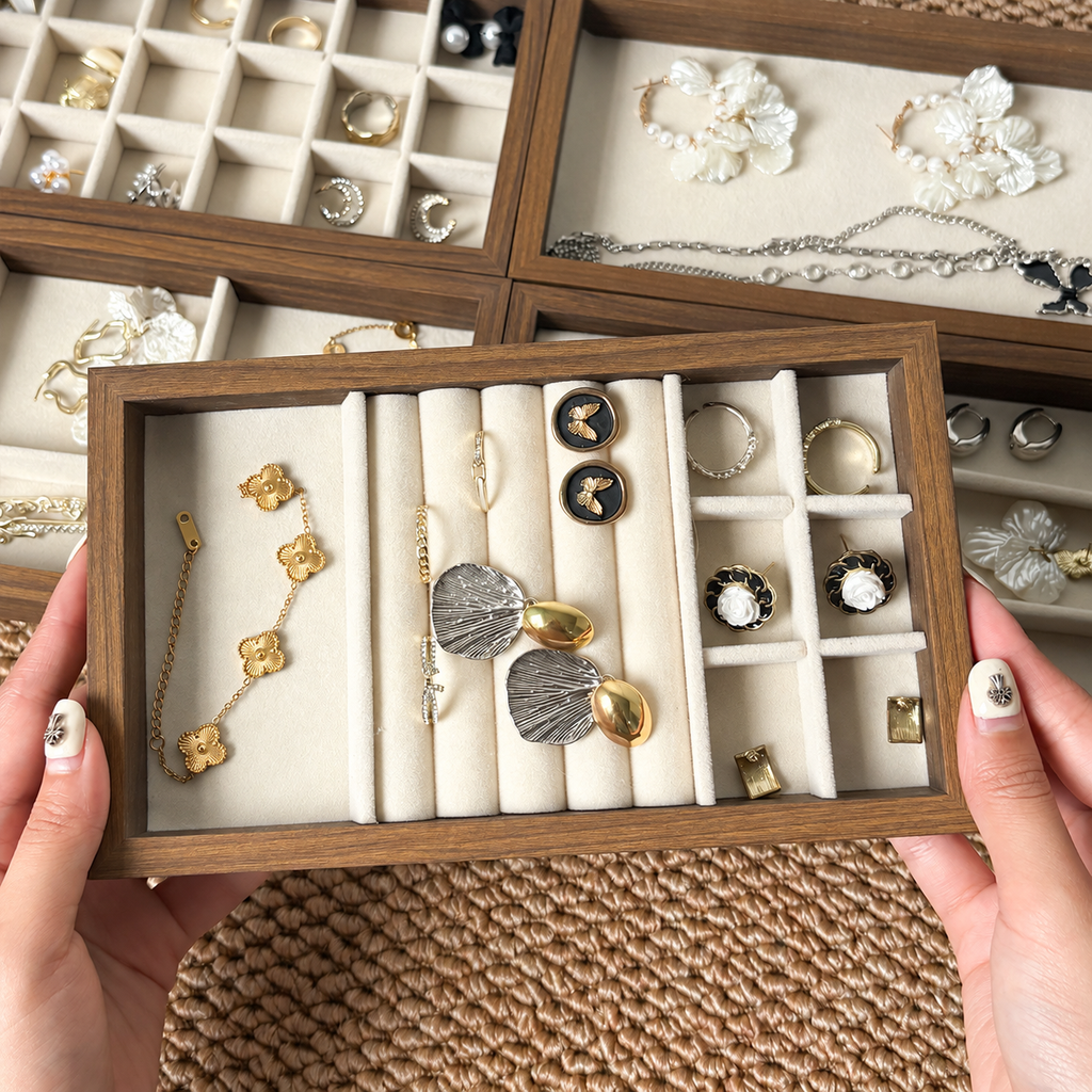 walnut wood velvet jewelry tray small
compact ring earring organizer
necklace bracelet display tray
vanity drawer jewelry storage
wholesale jewelry display tray
