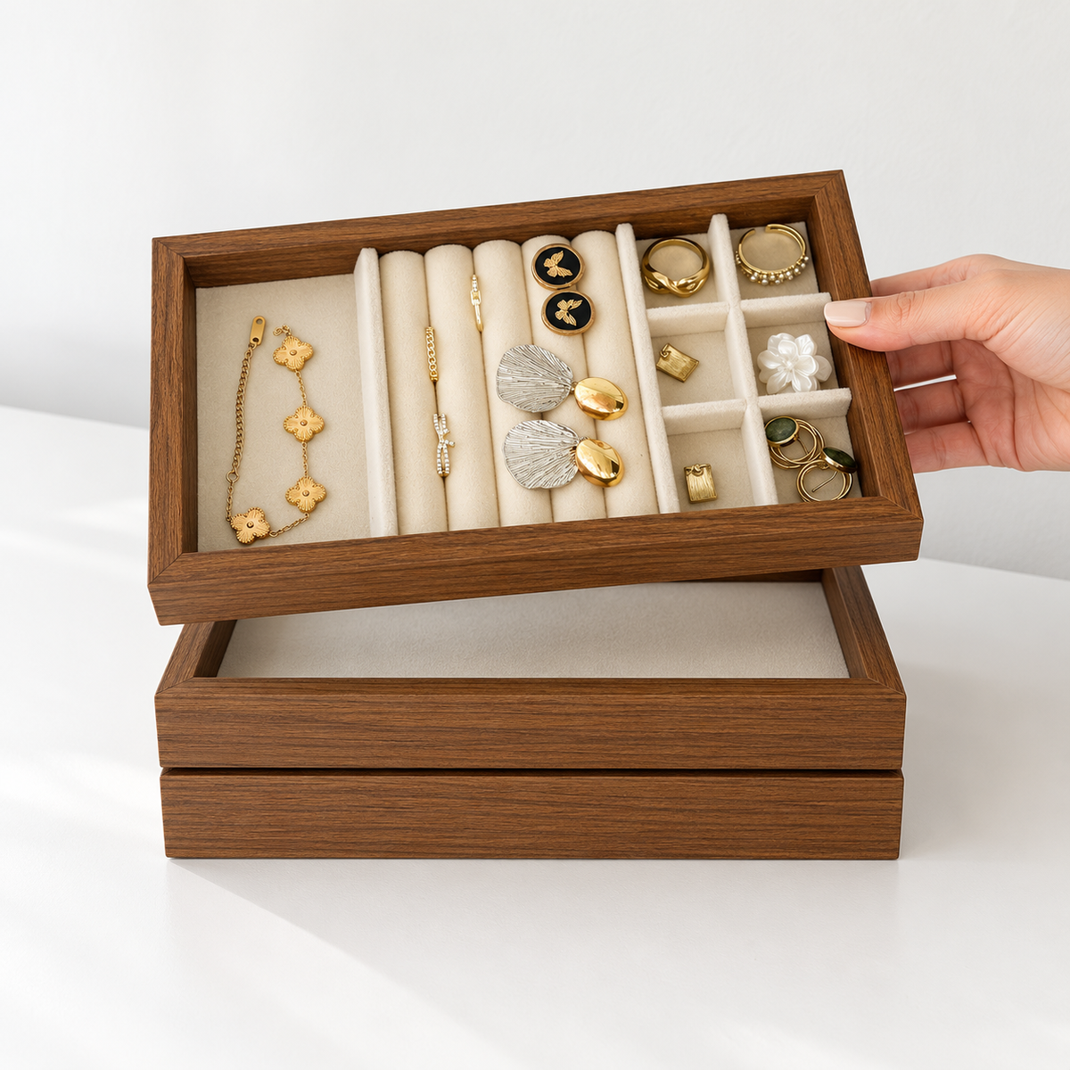 walnut wood velvet jewelry tray small
compact ring earring organizer
necklace bracelet display tray
vanity drawer jewelry storage
wholesale jewelry display tray
