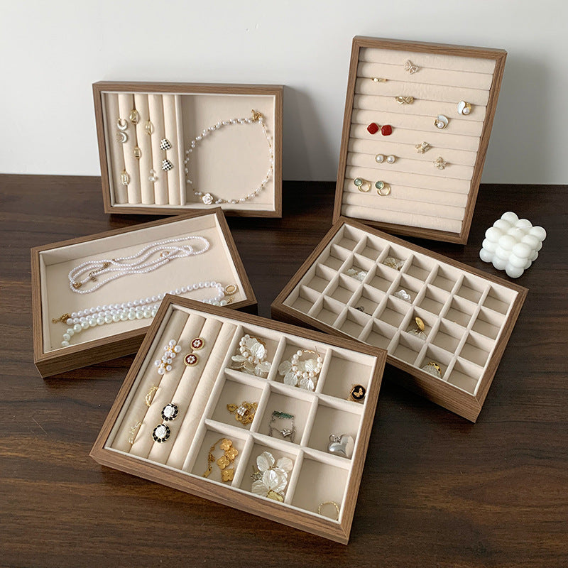 walnut wood velvet jewelry tray
large ring earring display organizer
necklace bracelet showcase tray
jewelry storage tray for vanity
wholesale jewelry display tray
