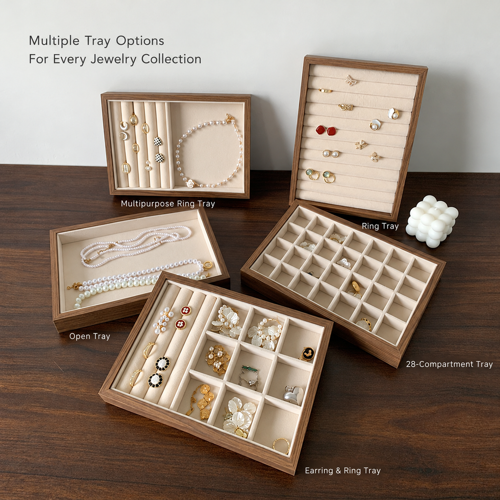 walnut wood velvet jewelry tray
large ring earring display organizer
necklace bracelet showcase tray
jewelry storage tray for vanity
wholesale jewelry display tray
