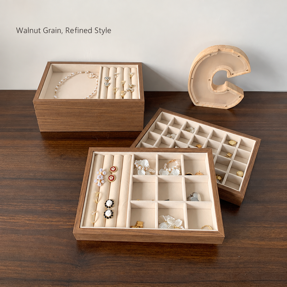 walnut wood velvet jewelry tray
large ring earring display organizer
necklace bracelet showcase tray
jewelry storage tray for vanity
wholesale jewelry display tray
