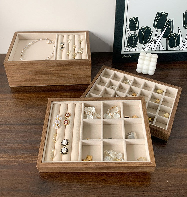 walnut wood velvet jewelry tray
large ring earring display organizer
necklace bracelet showcase tray
jewelry storage tray for vanity
wholesale jewelry display tray
