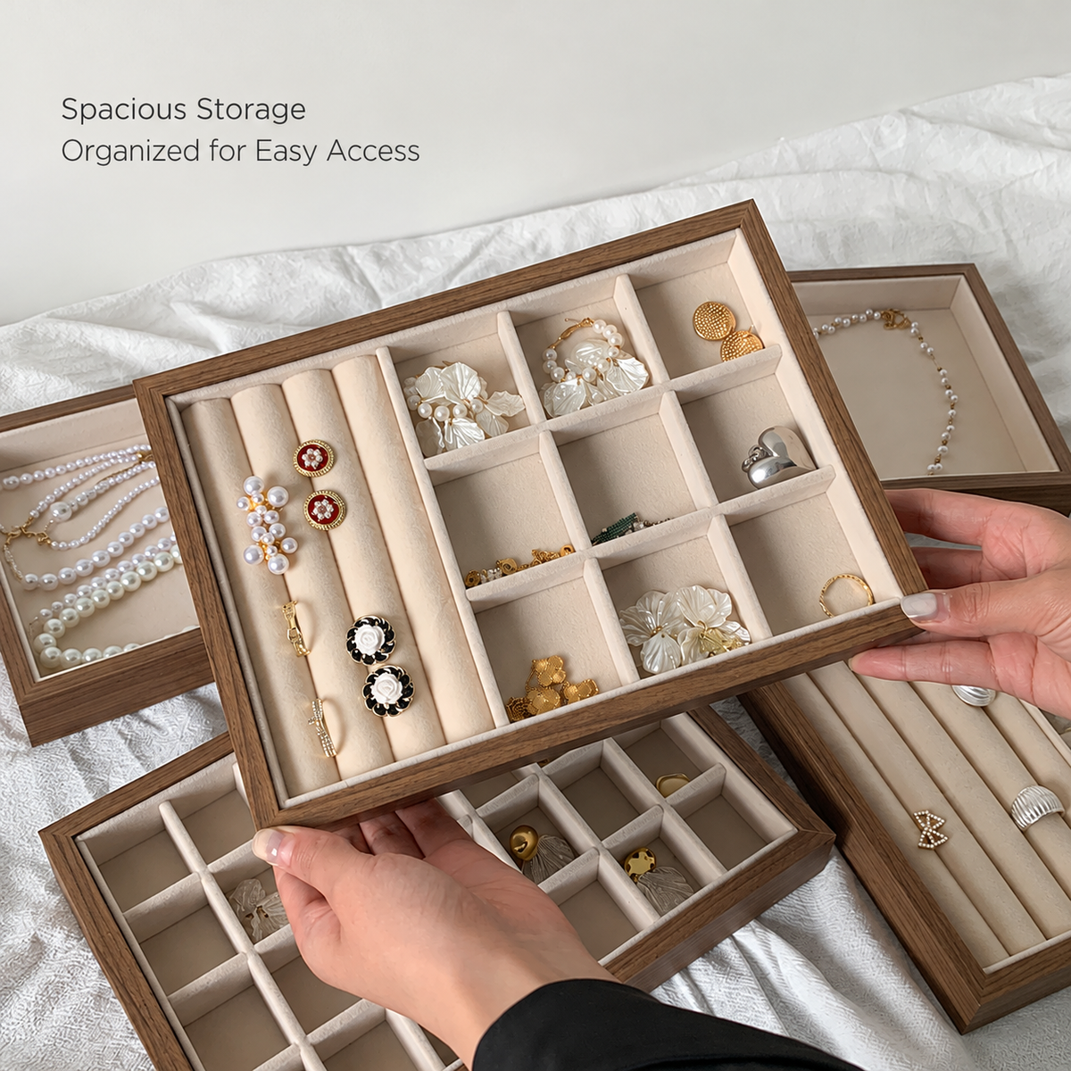 walnut wood velvet jewelry tray
large ring earring display organizer
necklace bracelet showcase tray
jewelry storage tray for vanity
wholesale jewelry display tray
