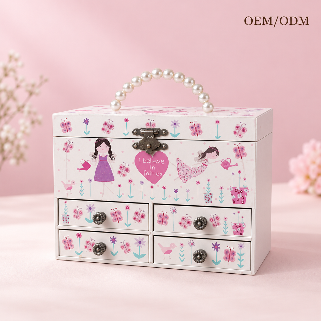 Custom 4-Drawer Musical Jewelry Box with Pearl Handle for Girls, Fairy-Print Wooden Music Box with Spinning Ballerina, Portable Keepsake Case for Birthday Gift