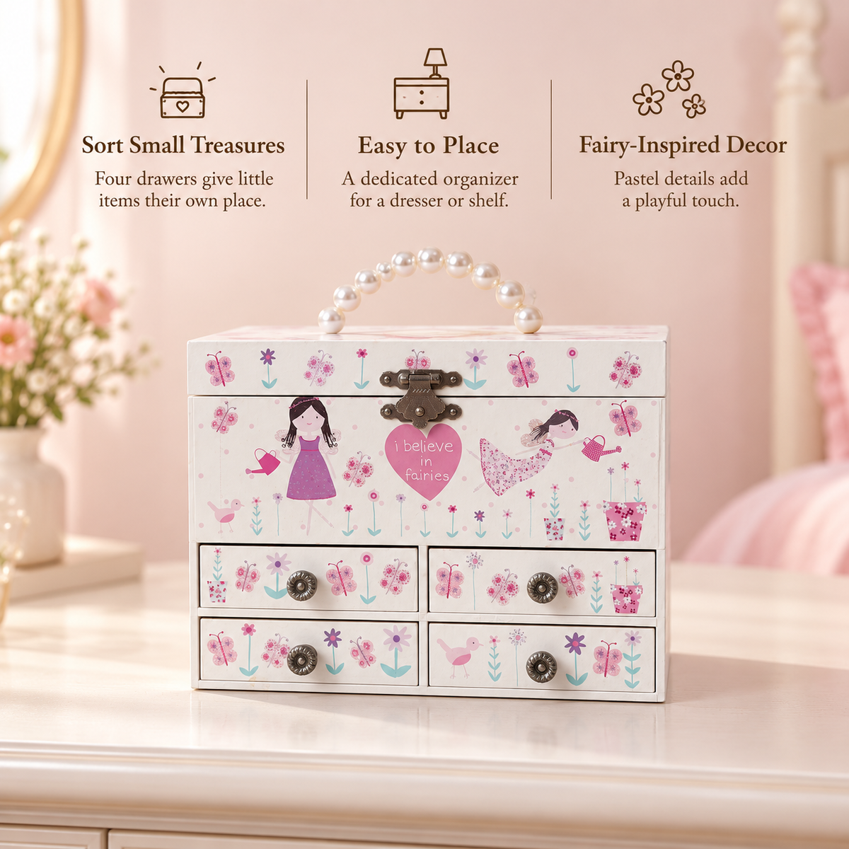 Custom 4-Drawer Musical Jewelry Box with Pearl Handle for Girls, Fairy-Print Wooden Music Box with Spinning Ballerina, Portable Keepsake Case for Birthday Gift