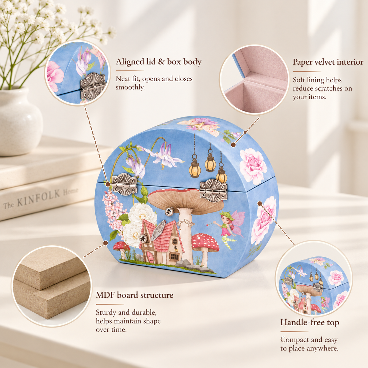 Custom Handbag-Shaped Musical Jewelry Box for Girls, Blue Wooden Music Box with Spinning Dancer, Fairy Mushroom Cottage Portable Keepsake Case