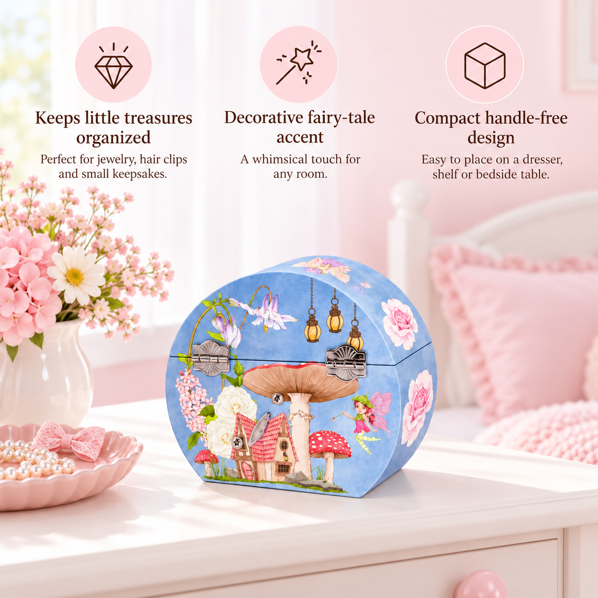Custom Handbag-Shaped Musical Jewelry Box for Girls, Blue Wooden Music Box with Spinning Dancer, Fairy Mushroom Cottage Portable Keepsake Case