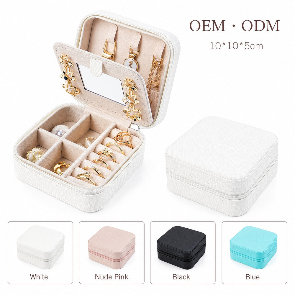 PU Leather Portable Travel Jewelry Box with Makeup Mirror, Mini Zipper Ring Earring Necklace Organizer Case