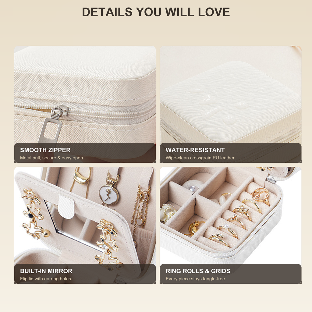 PU Leather Portable Travel Jewelry Box with Makeup Mirror, Mini Zipper Ring Earring Necklace Organizer Case