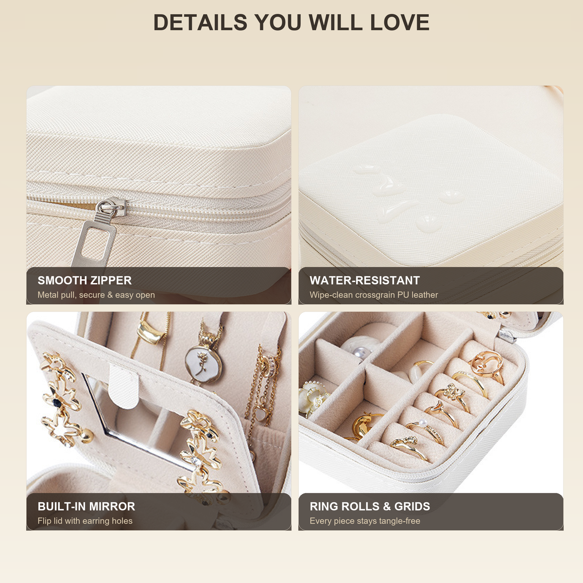 PU Leather Portable Travel Jewelry Box with Makeup Mirror, Mini Zipper Ring Earring Necklace Organizer Case