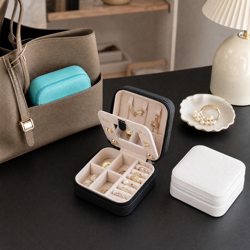 PU Leather Portable Travel Jewelry Box with Makeup Mirror, Mini Zipper Ring Earring Necklace Organizer Case
