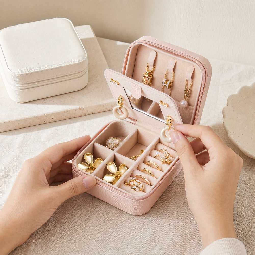 PU Leather Portable Travel Jewelry Box with Makeup Mirror, Mini Zipper Ring Earring Necklace Organizer Case