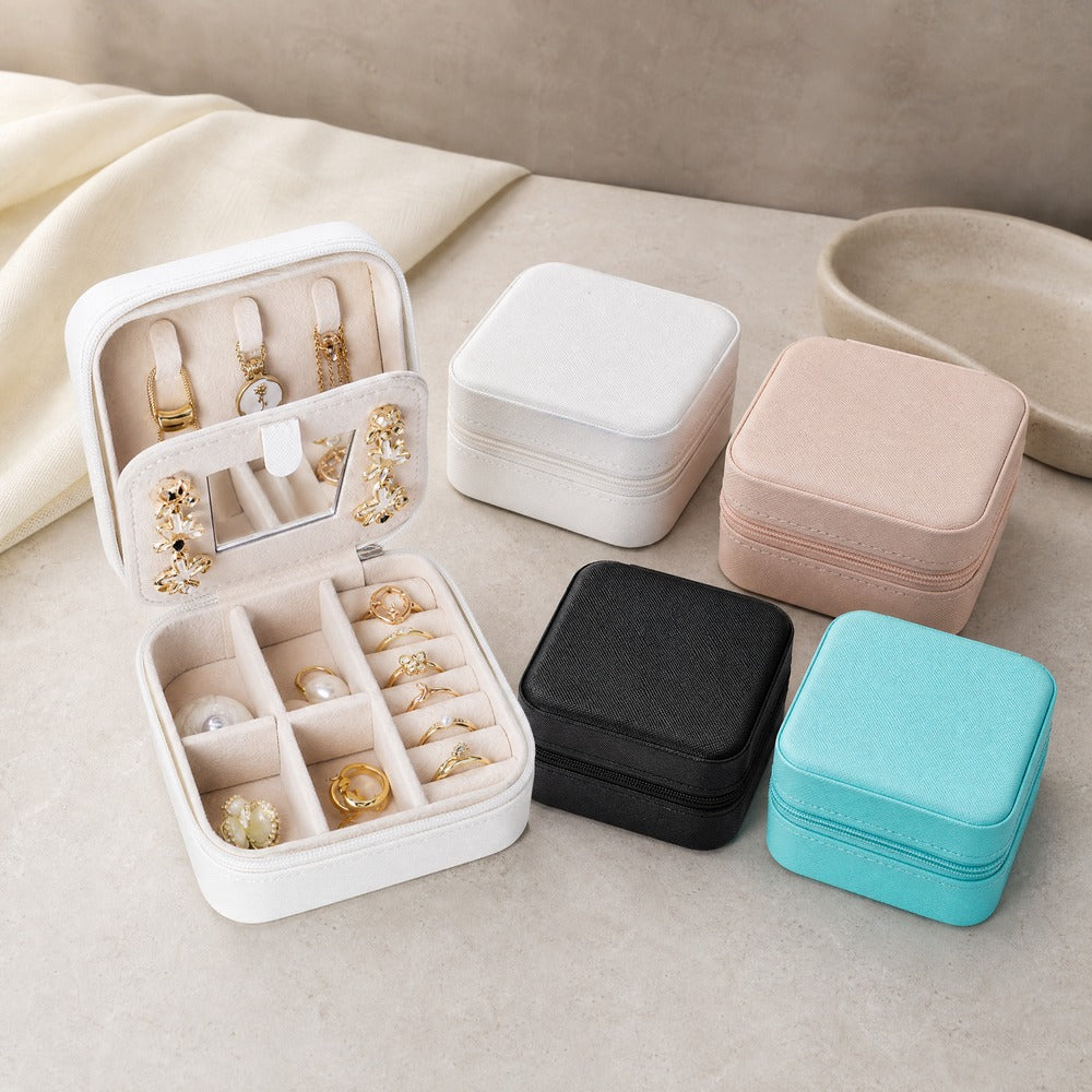 PU Leather Portable Travel Jewelry Box with Makeup Mirror, Mini Zipper Ring Earring Necklace Organizer Case