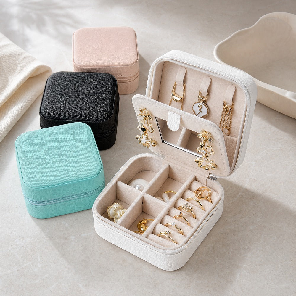 PU Leather Portable Travel Jewelry Box with Makeup Mirror, Mini Zipper Ring Earring Necklace Organizer Case