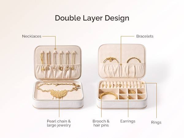 Portable PU Leather Jewelry Box, Double Zipper Travel Jewelry Organizer, Small Jewelry Storage Case for Rings Earrings Necklaces, Birthday Gift