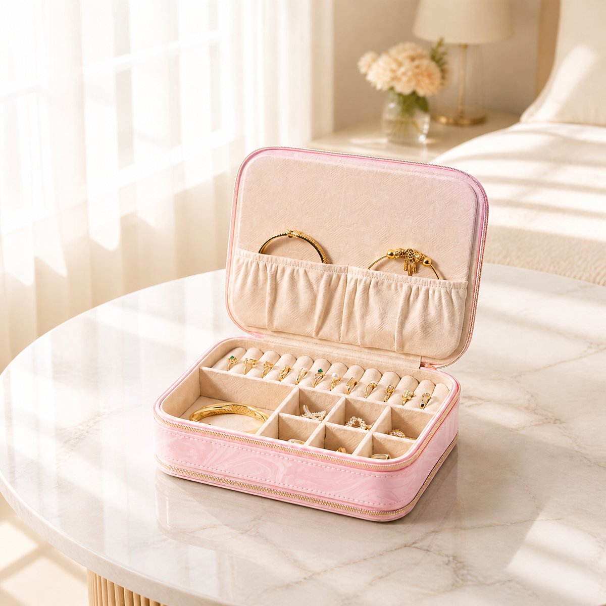 Portable PU Leather Jewelry Box, Double Zipper Travel Jewelry Organizer, Small Jewelry Storage Case for Rings Earrings Necklaces, Birthday Gift